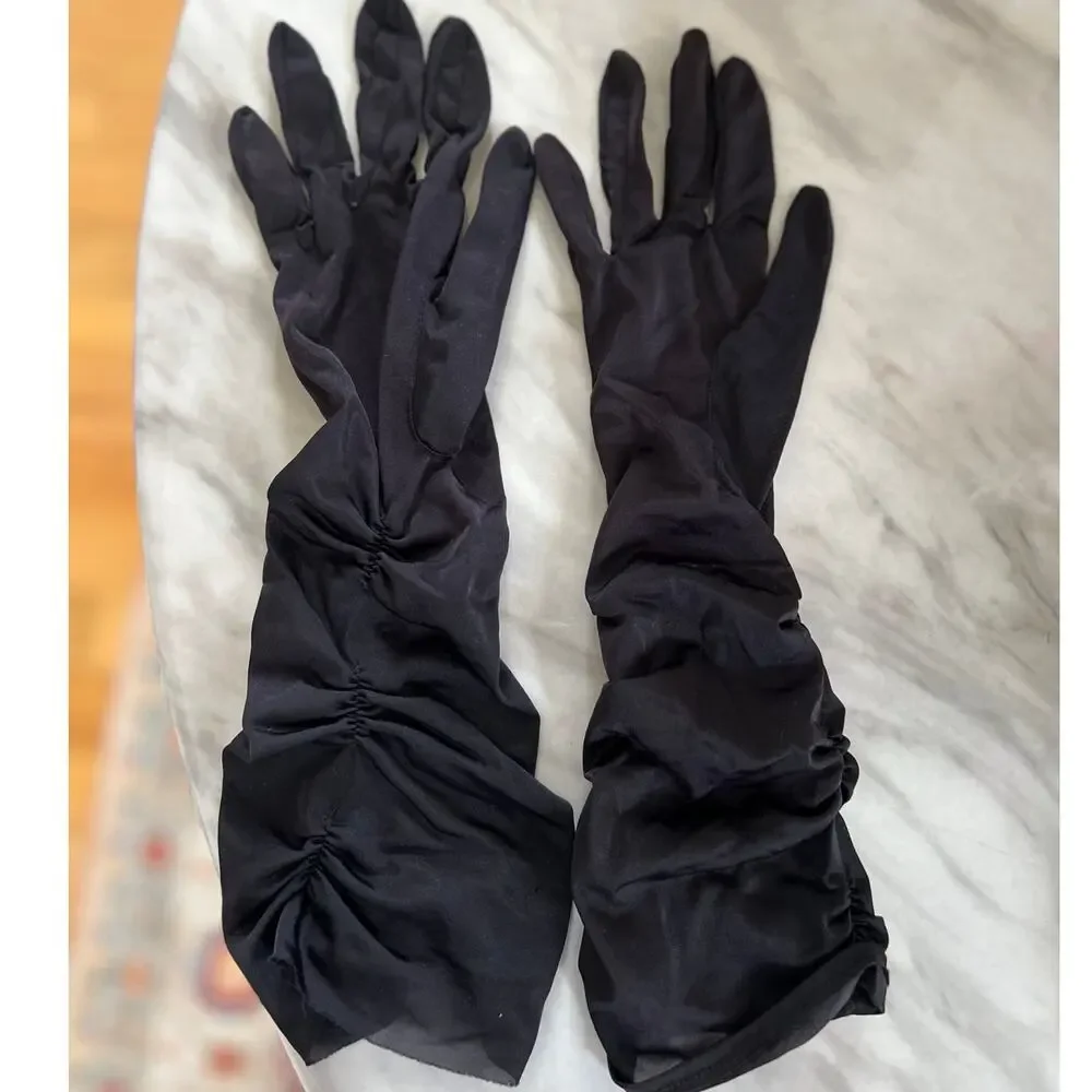 Vintage Black Nylon Ruched Opera Gloves Size 6 1/2 Pin Up 50s 60s